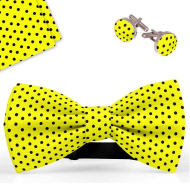 Set papion barbati, batista, butoni, galben, buline negre mici
